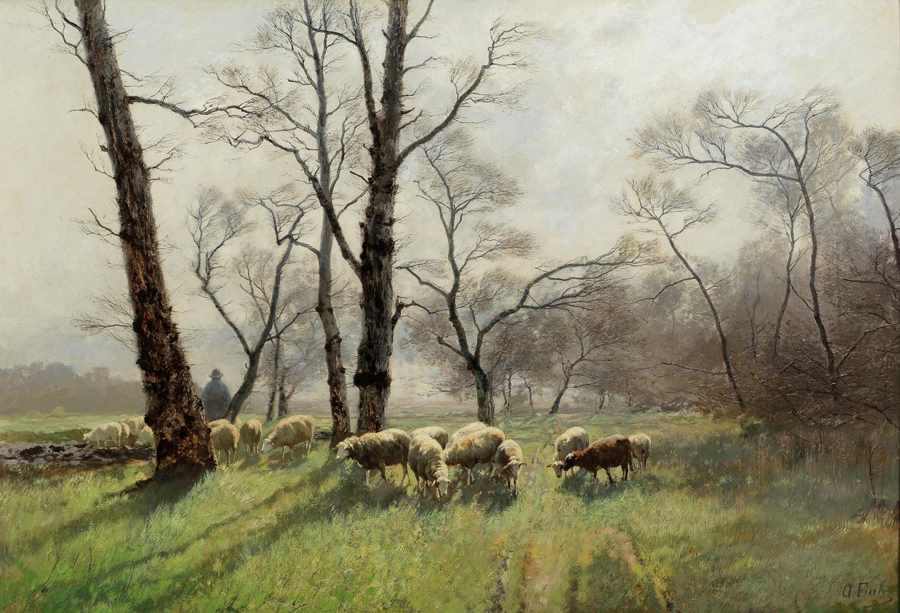 Hirte mit seiner Herde im Abendlicht von August Fink