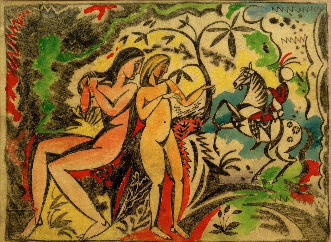 Badende und türkischer Reiter, Stickereientwurf von August Macke