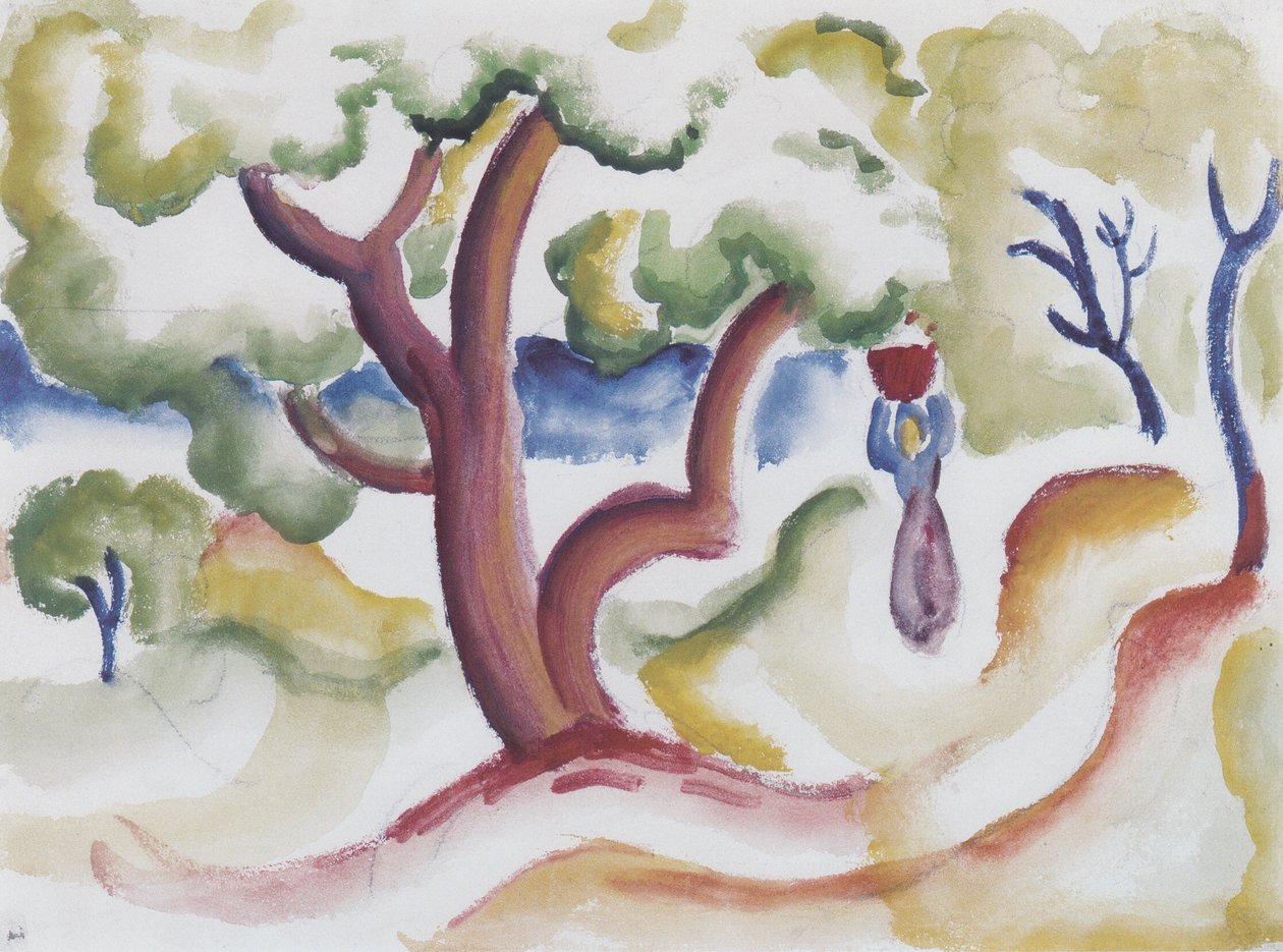 Frau mit Krug unter Bäumen von August Macke