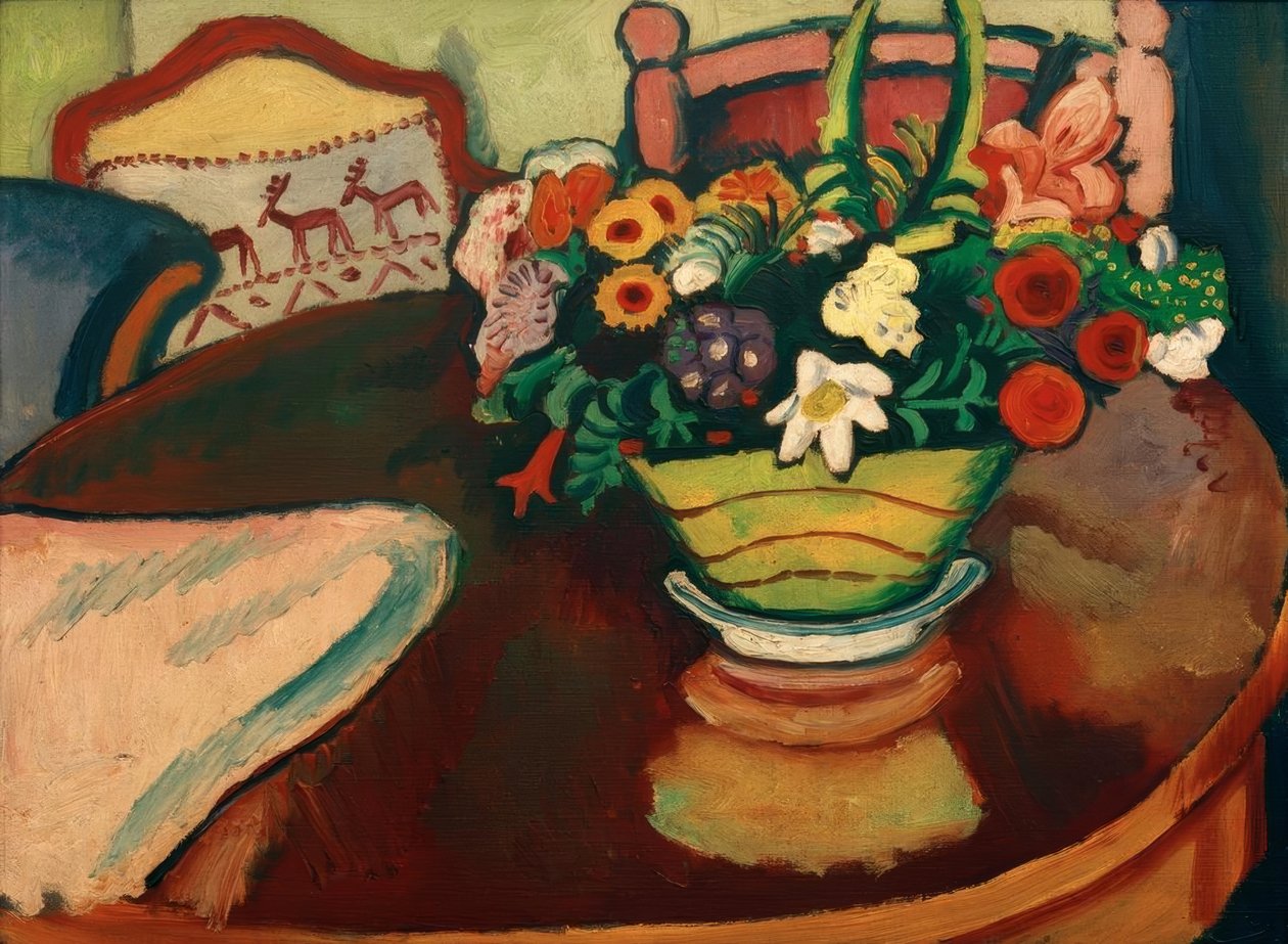 Stilleben mit Hirschkissen und Strauß von August Macke