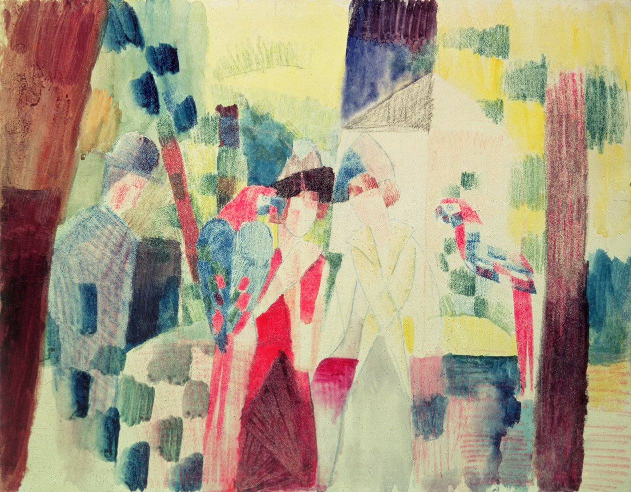 Zwei Frauen und ein Mann mit Papageien, 20. Jahrhundert von August Macke