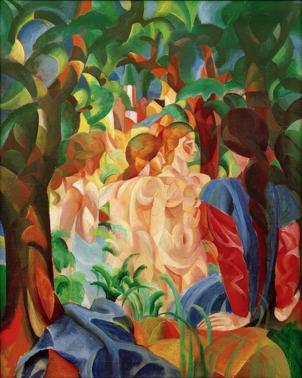 Badende Mädchen mit Stadt im Hintergrund von August Macke
