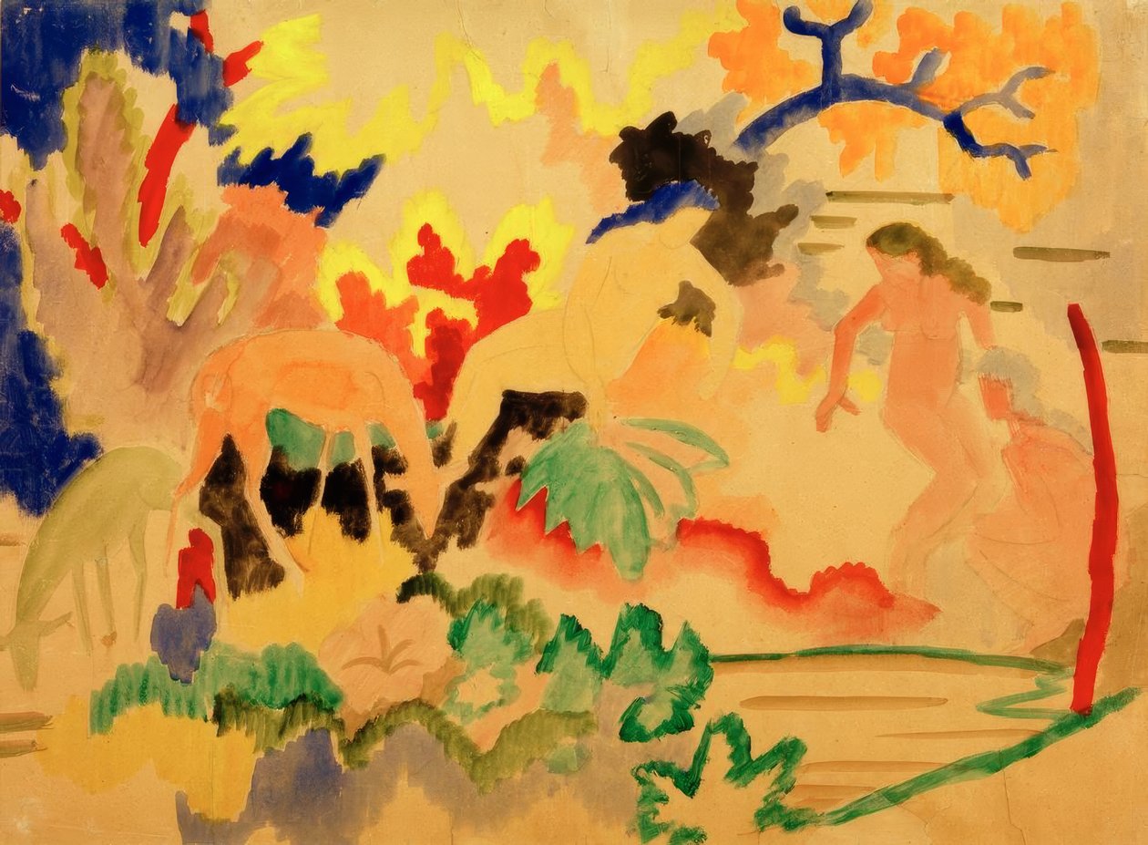 Drei Akte mit Rehen am Wasser von August Macke