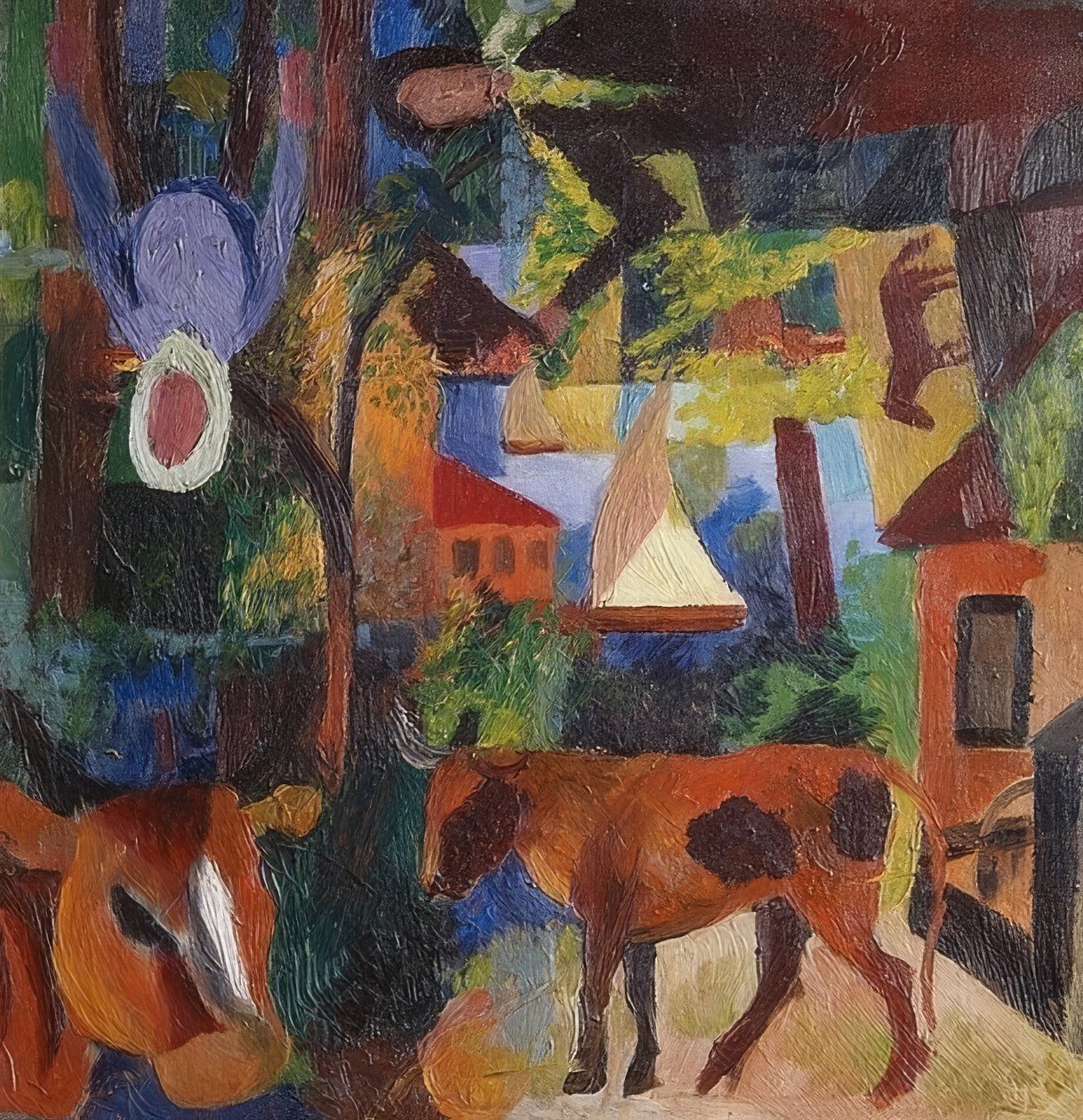 Landschaft mit Kühen, Segelboot und Figuren von August Macke