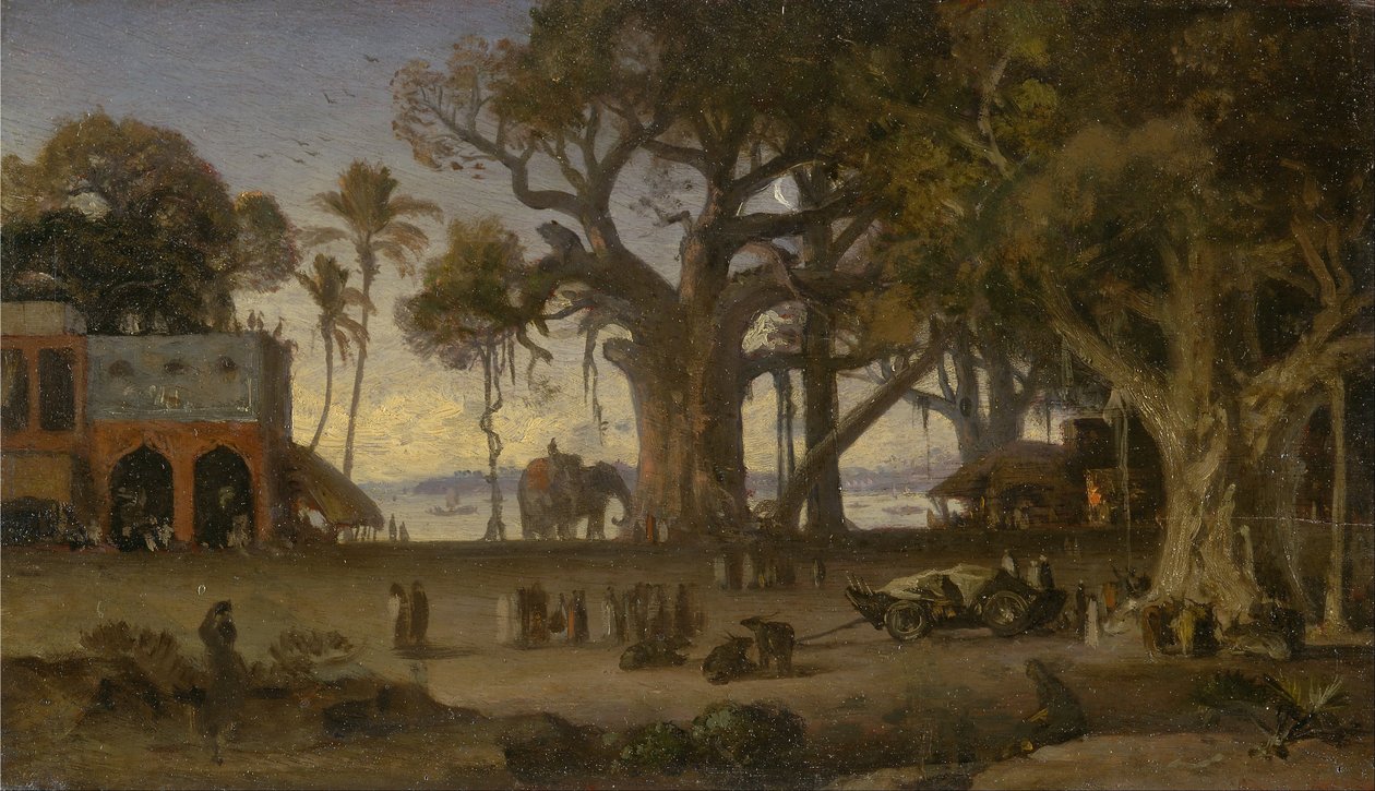 Mondlichtszene mit indischen Figuren und Elefanten unter Banyanbäumen, Oberindien (wahrscheinlich Lucknow) von Auguste Borget