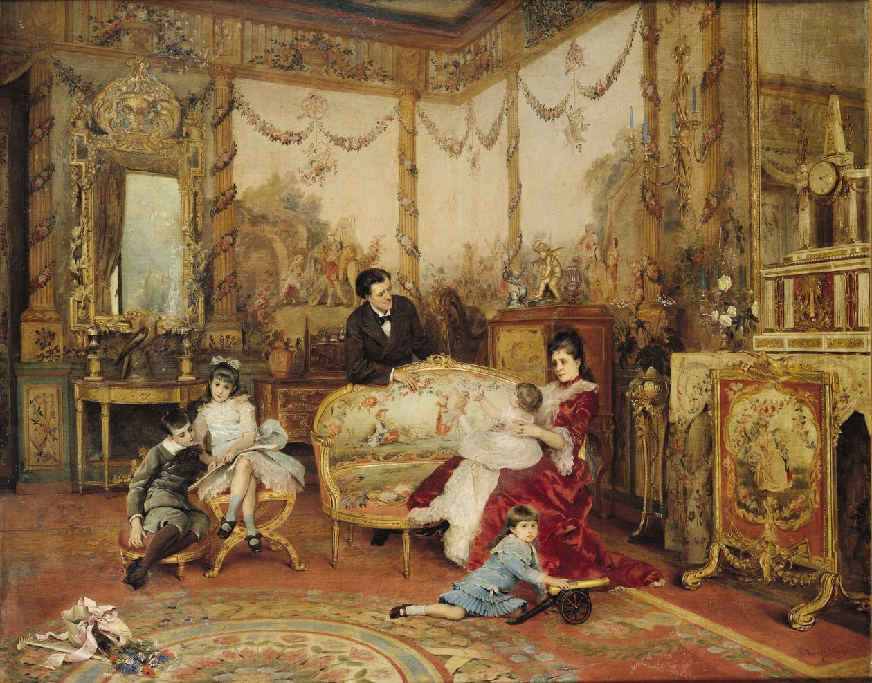 Victorien Sardou (1831-1908) und seine Familie in ihrem Wohnzimmer in Marly-le-Roi, ca. 1875 von Auguste de la Brely