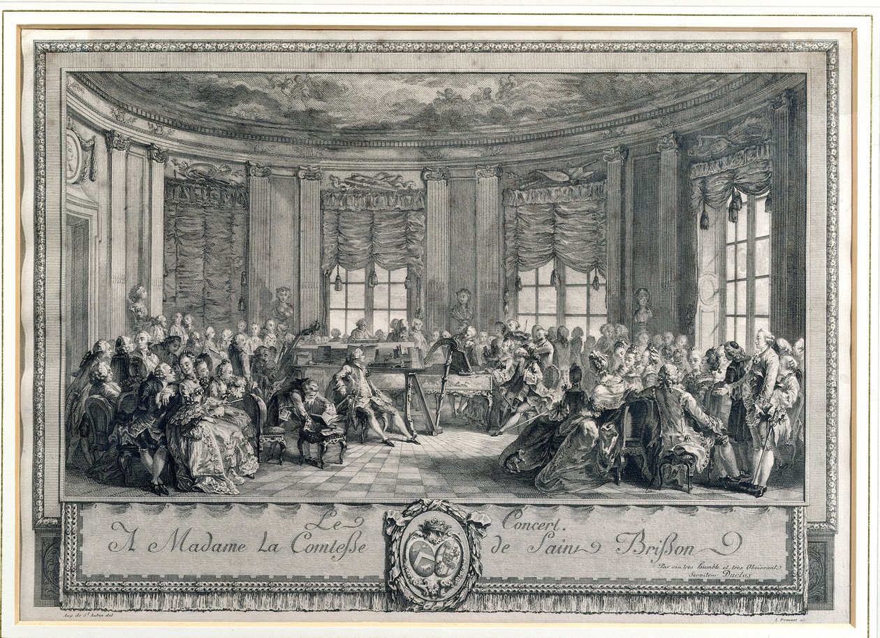 Das Konzert im Haus der Gräfin von Saint Brisson, graviert von L. Provost von Augustin de Saint Aubin