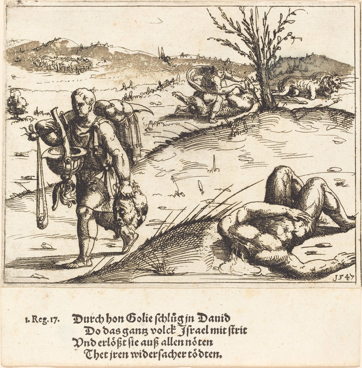 David enthauptet Goliath von Augustin Hirschvogel