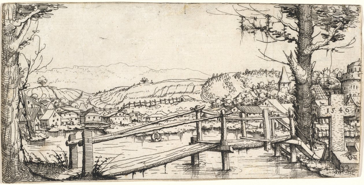Flusslandschaft mit einer Fußbrücke, 1546 von Augustin Hirschvogel