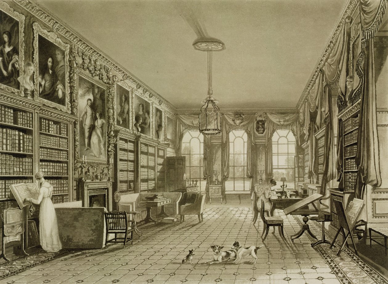 Bibliothek als Wohnzimmer, Cassiobury Park, ca. 1815, aus J. Britton 