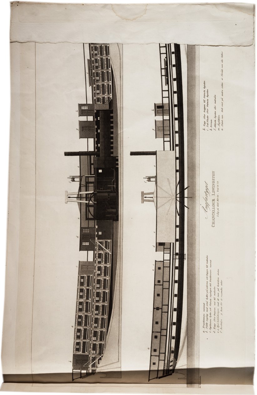 Schnittansichten von Fultons Dampfschiff Chancellor Livingston, aus einem Atlas der Vereinigten Staaten, 1824 von Axel Leonhard Klinckowström