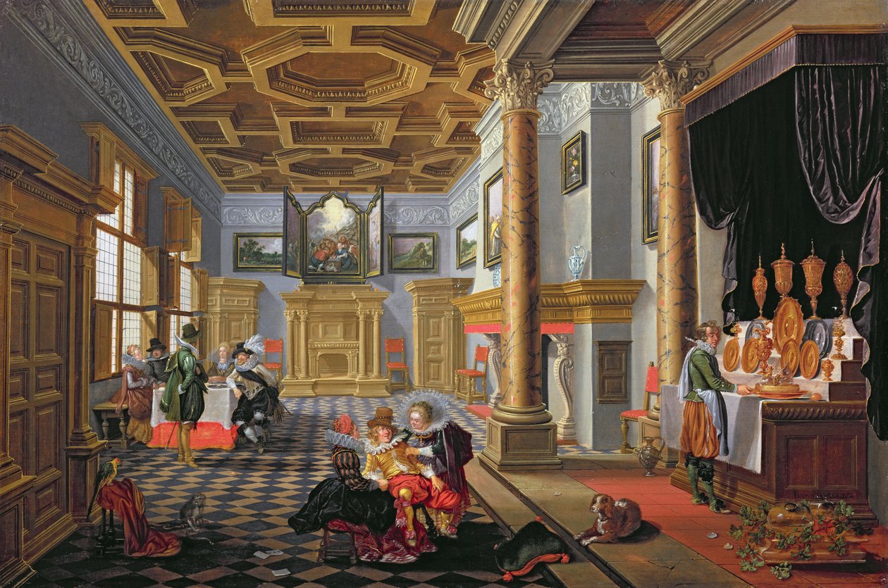 Elegante Figuren beim Essen in einem höfischen Innenraum von B. van and Velde, E. van de Bassen