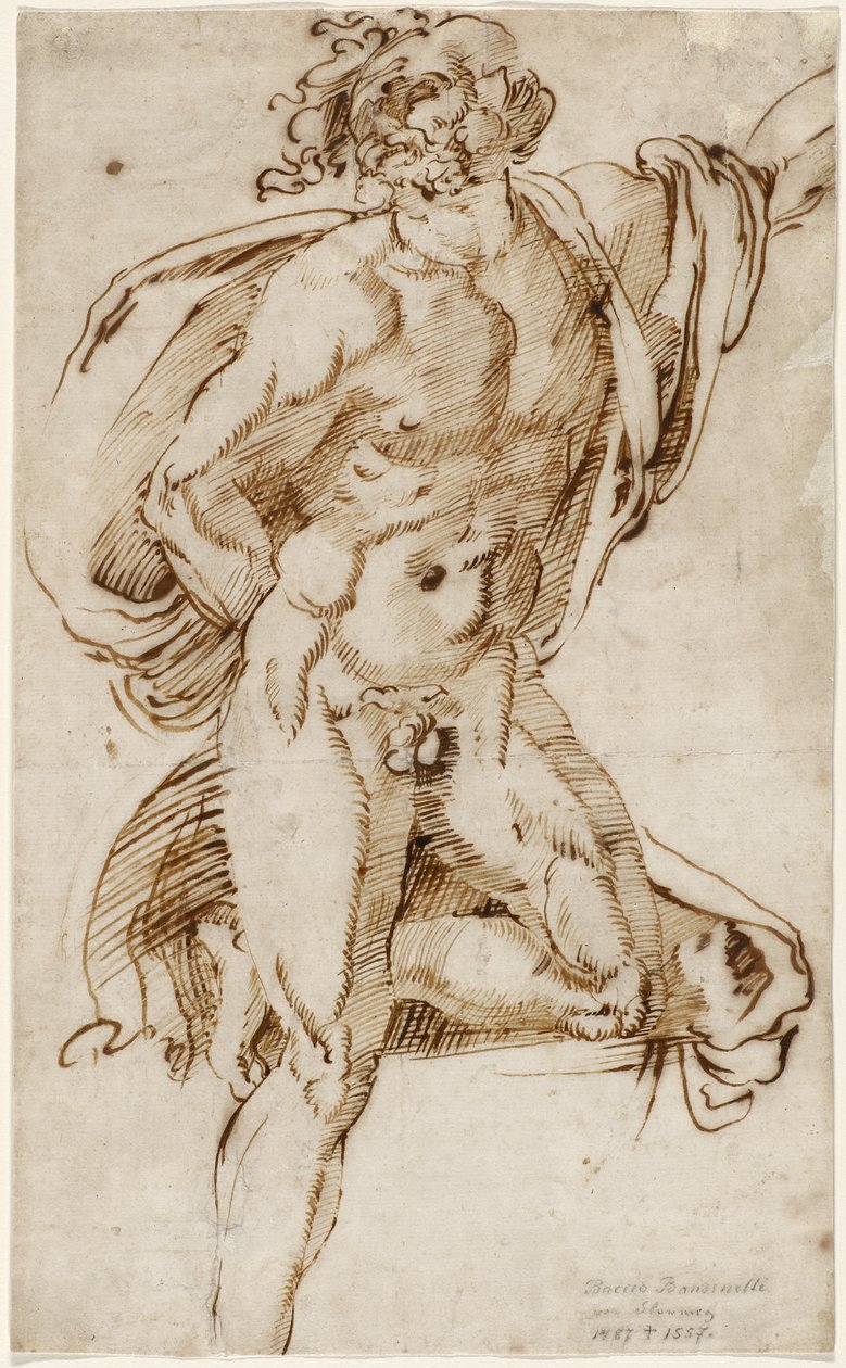 Männlicher Akt, der auf einem Knie in einer Kontrapost-Pose lehnt (Studie im Zusammenhang mit dem Laokoon), um 1520-25 von Baccio Bandinelli