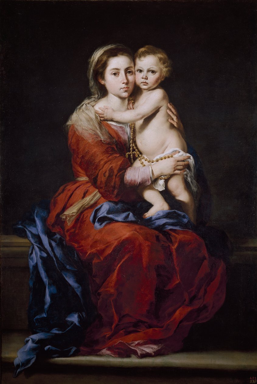 Jungfrau und Kind mit einem Rosenkranz von Bartolomé Esteban Murillo