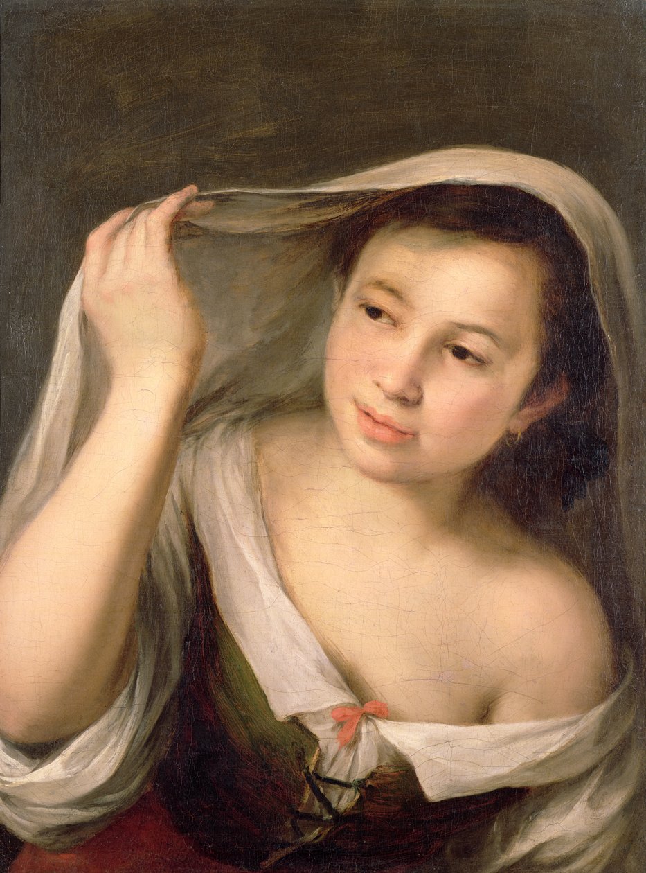 Ein junges Mädchen hebt ihren Schleier von Bartolomé Esteban Murillo