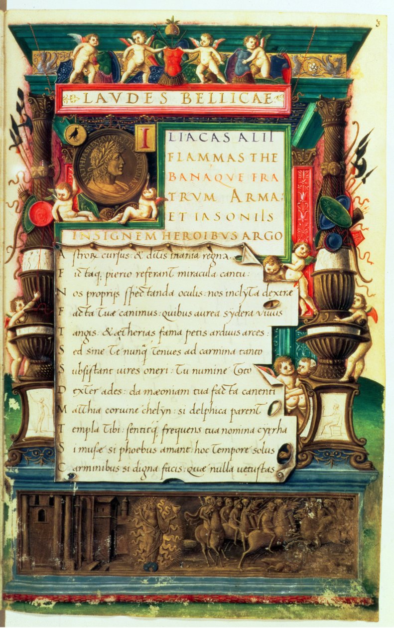 Präsentationsmanuskript für Matthias Corvinus, aus Laudes Bellicae von Alexander Cortesius, Rom, ca. 1480-90 von Bartolomeo Sanvito