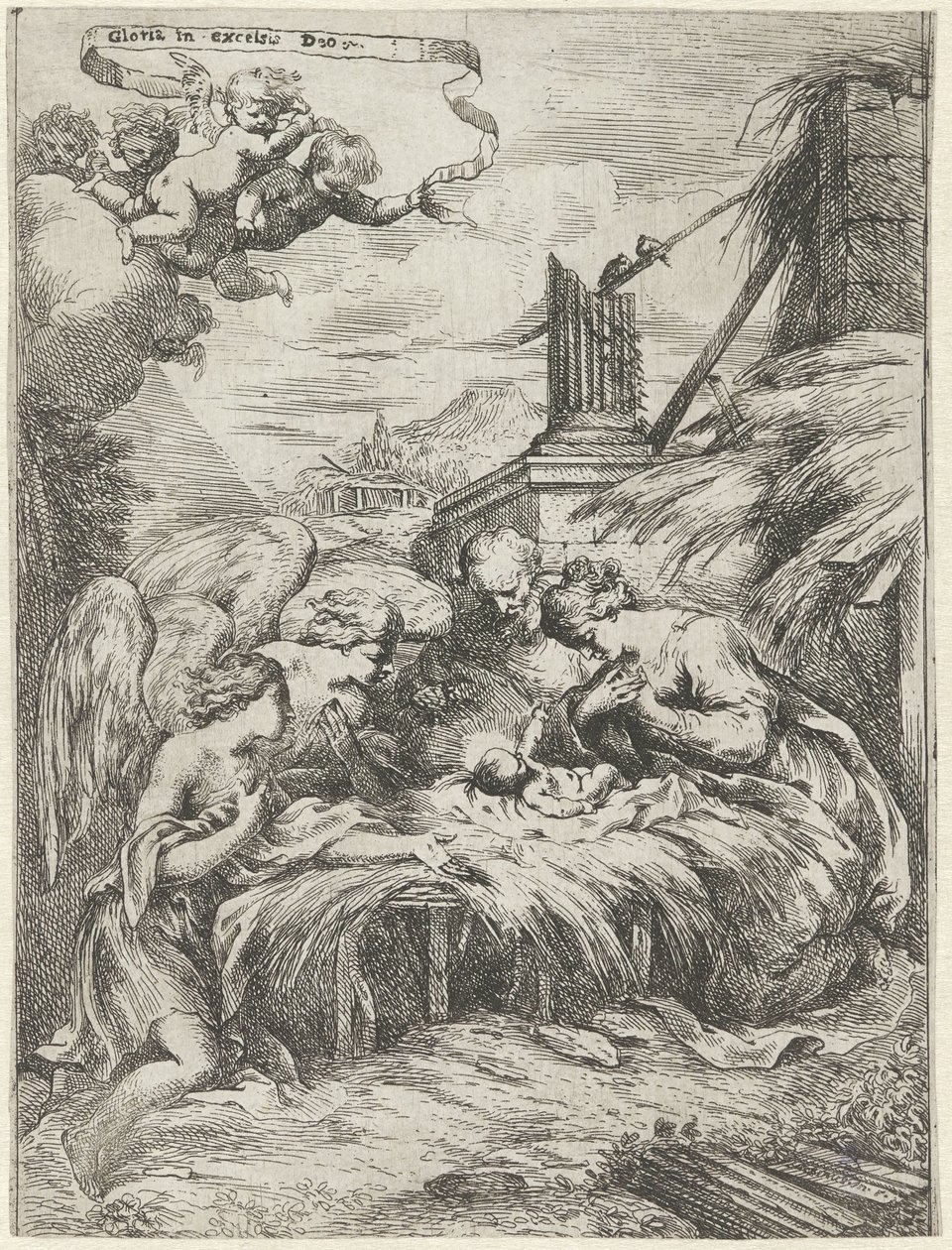 Anbetung durch Maria, Josef und Engel von Bartolomeo Biscaino