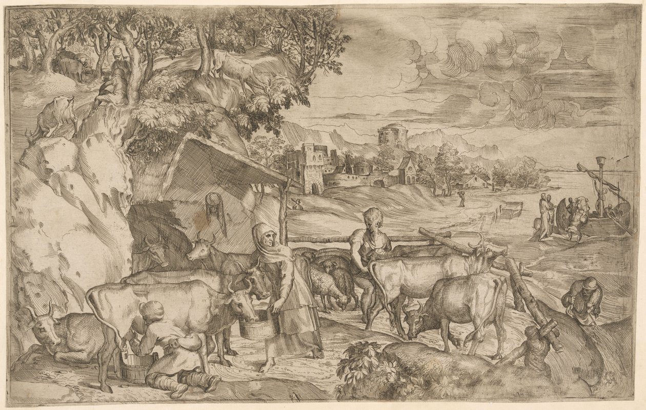 Landschaft mit Vieh von Battista Angolo del Moro
