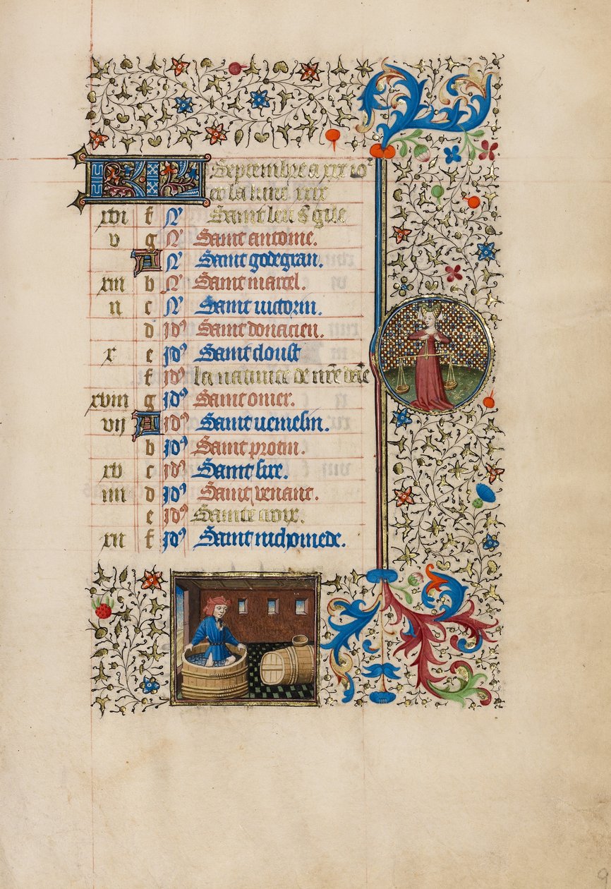 September Kalenderseite; Weinherstellung; Waage von Bedford Master