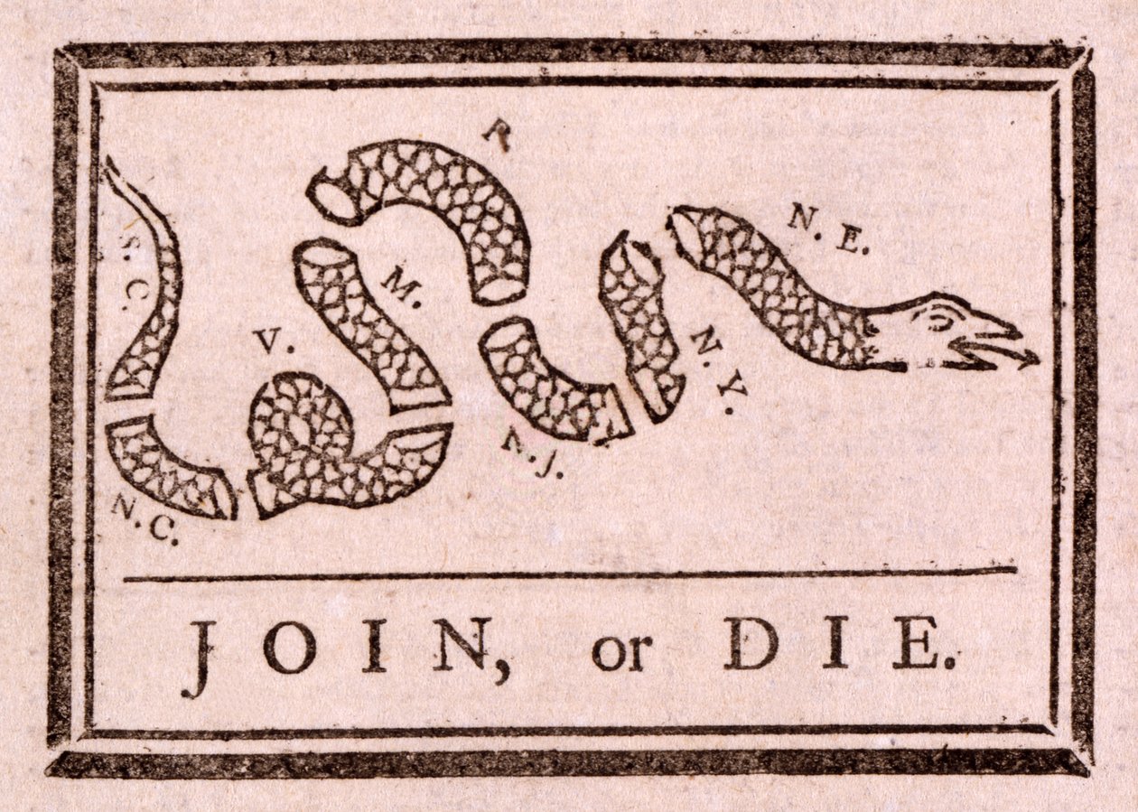 Tretet bei oder sterbt, veröffentlicht 1754 von Benjamin Franklin