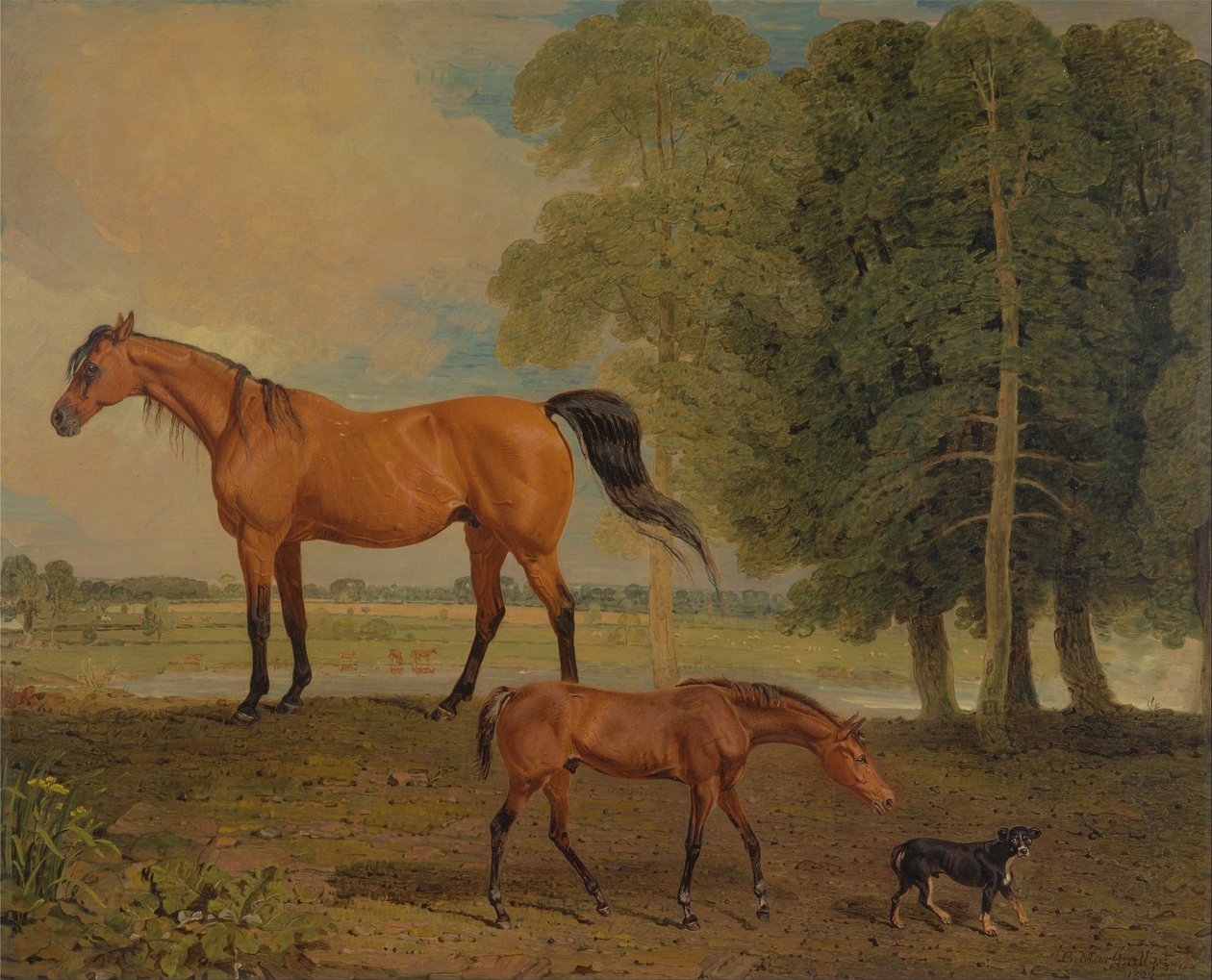 Zuchtstute mit Fohlen und ein Terrier von Benjamin Marshall