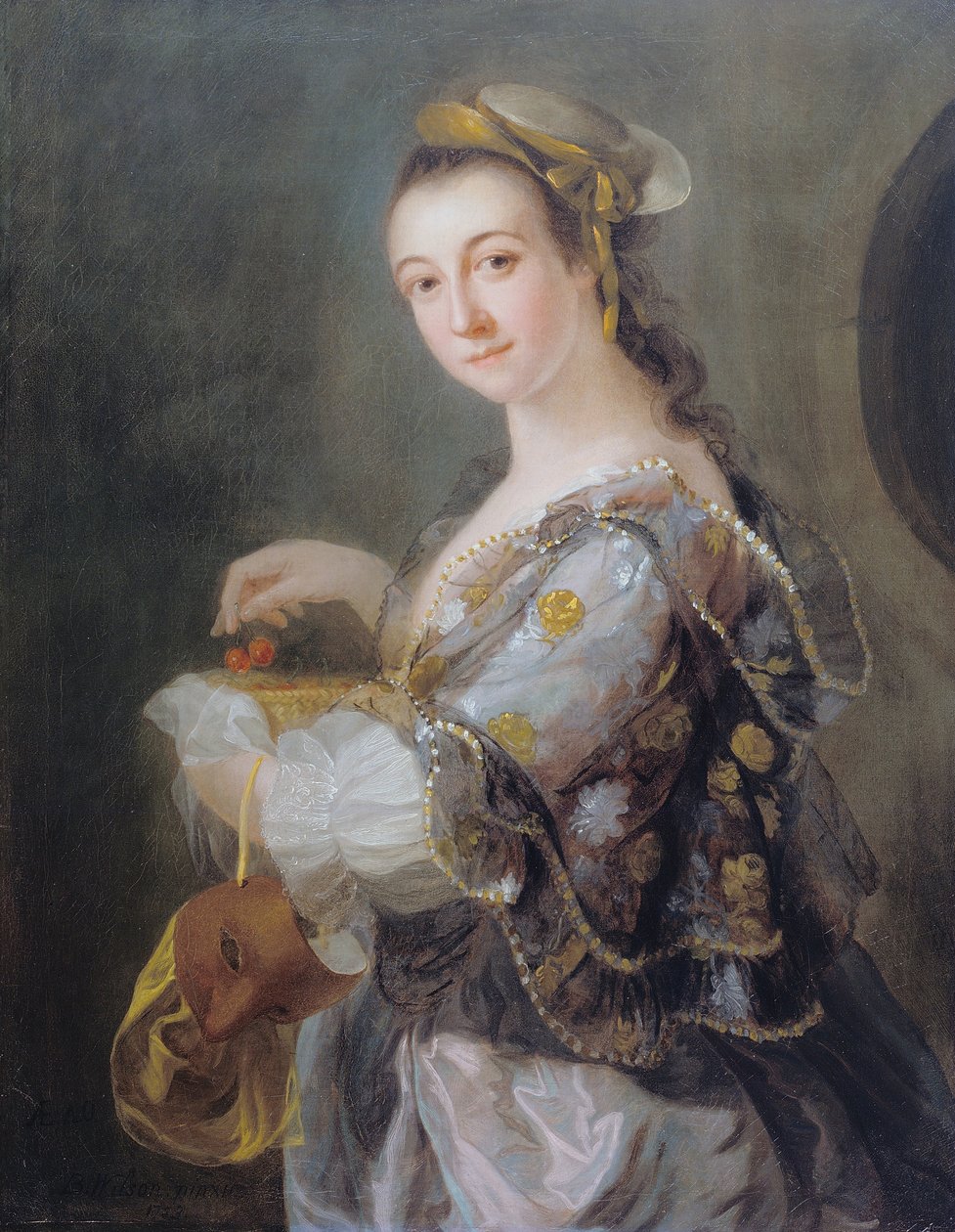 Porträt einer Dame mit Maske und Kirschen von Benjamin Wilson