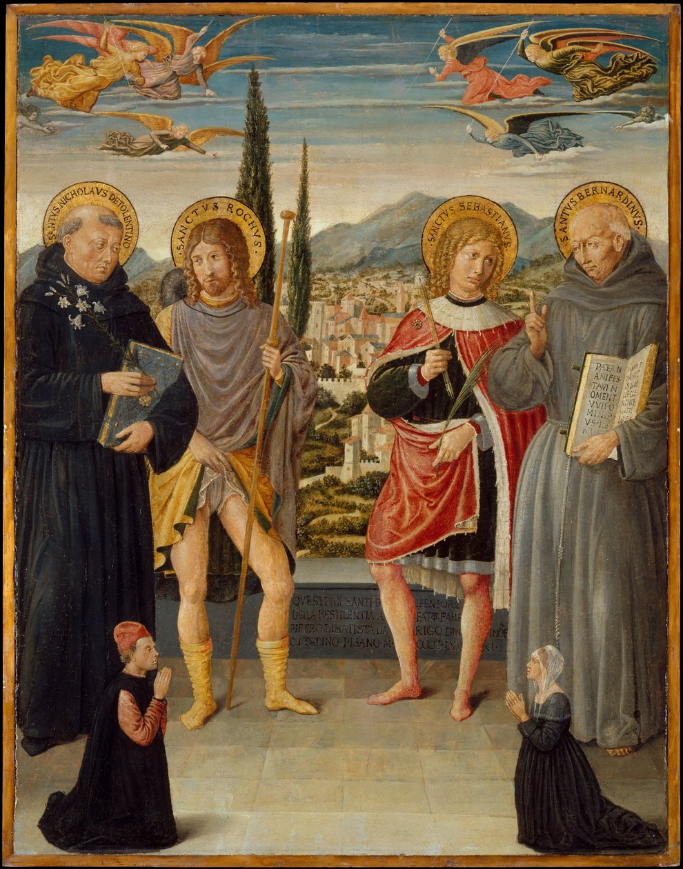 Heilige Nikolaus von Tolentino, Rochus, Sebastian und Bernhardin von Siena, mit kniendem Stifter von Benozzo di Lese di Sandro Gozzoli