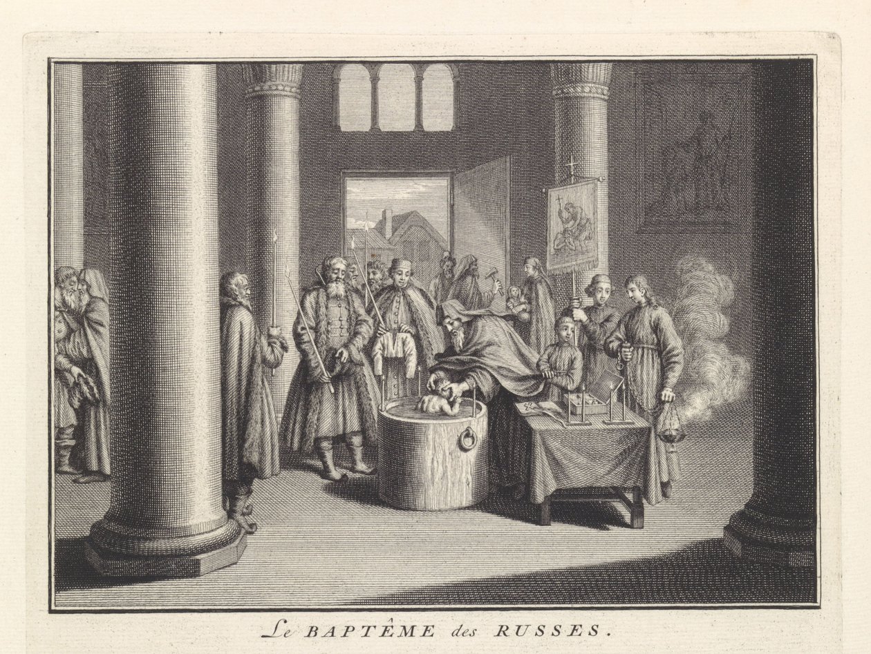 Kindertaufe in Russland, 1732 von Bernard Picart