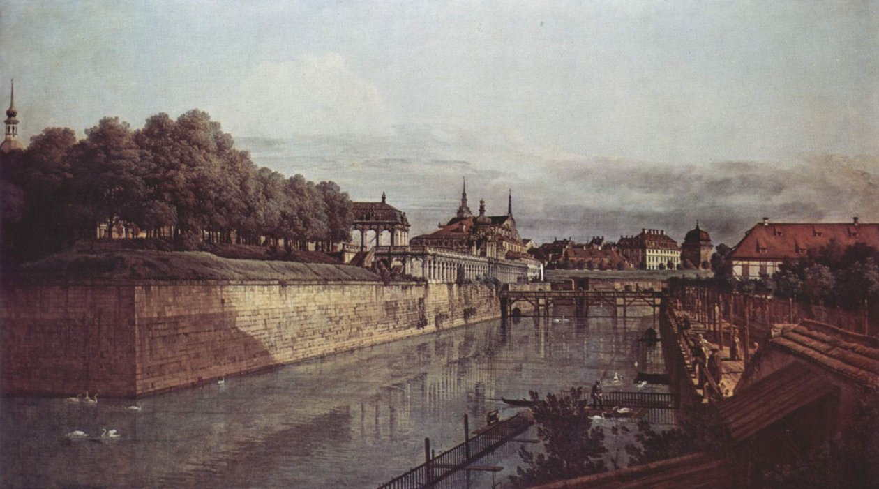 Ansicht von Dresden, der alte Wassergraben des Zwingers, von der Orangerie Richtung Stadt aus gesehen von Bernardo Bellotto