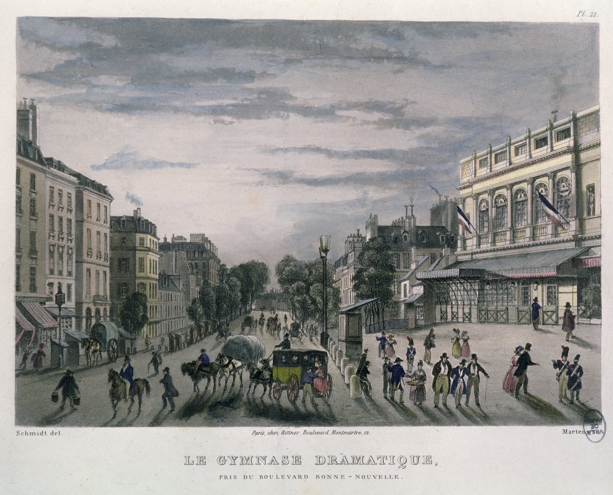 Das Gymnase Dramatique Theater, Paris, 1832 (Farbstich) von Bernhard Schmidt