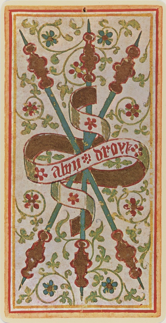 Die Drei der Stäbe, Faksimile einer Tarotkarte aus dem 