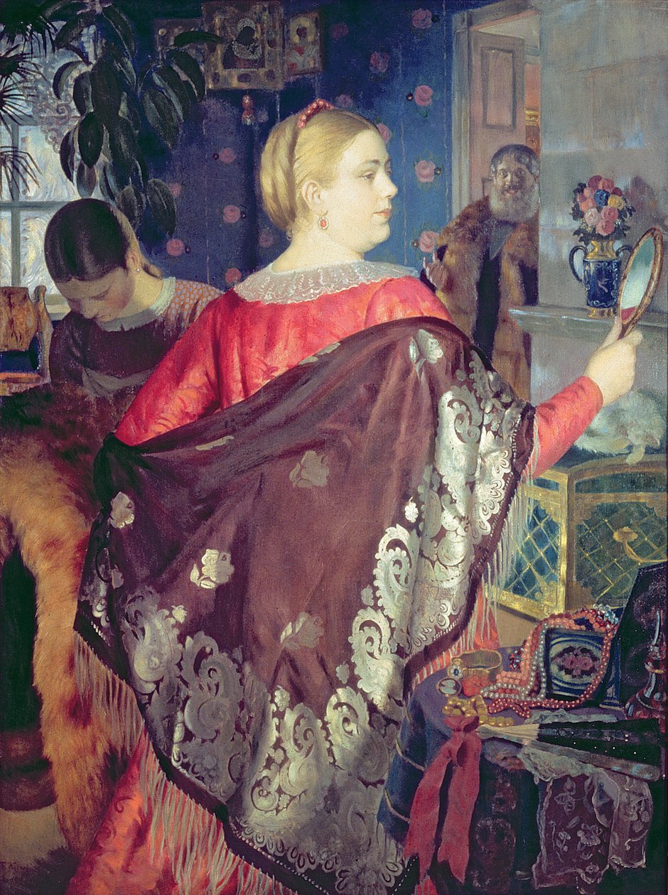 Händlerin mit einem Spiegel von Boris Mikhailovich Kustodiev