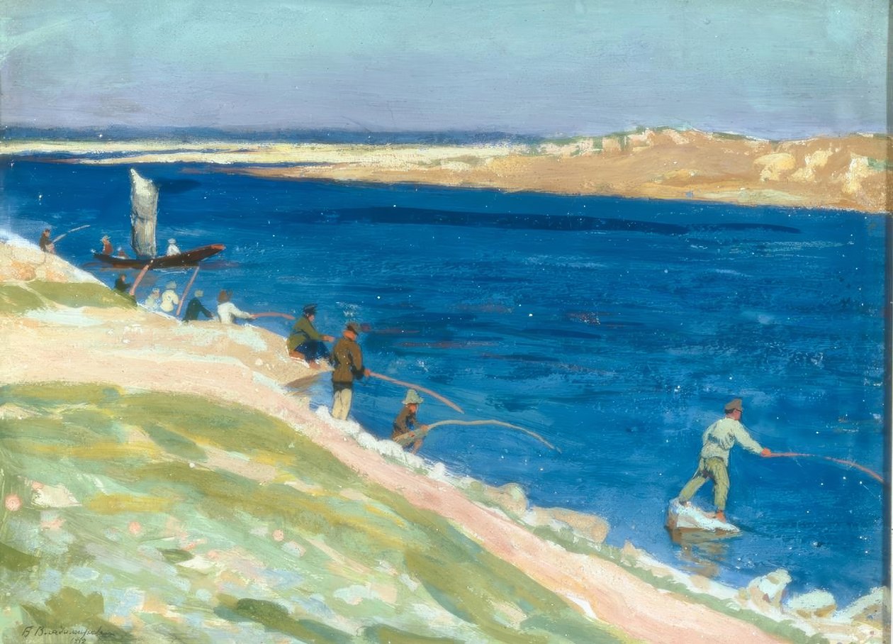 Flusslandschaft mit Anglern von Boris Jeremejewitsch Wladimirski