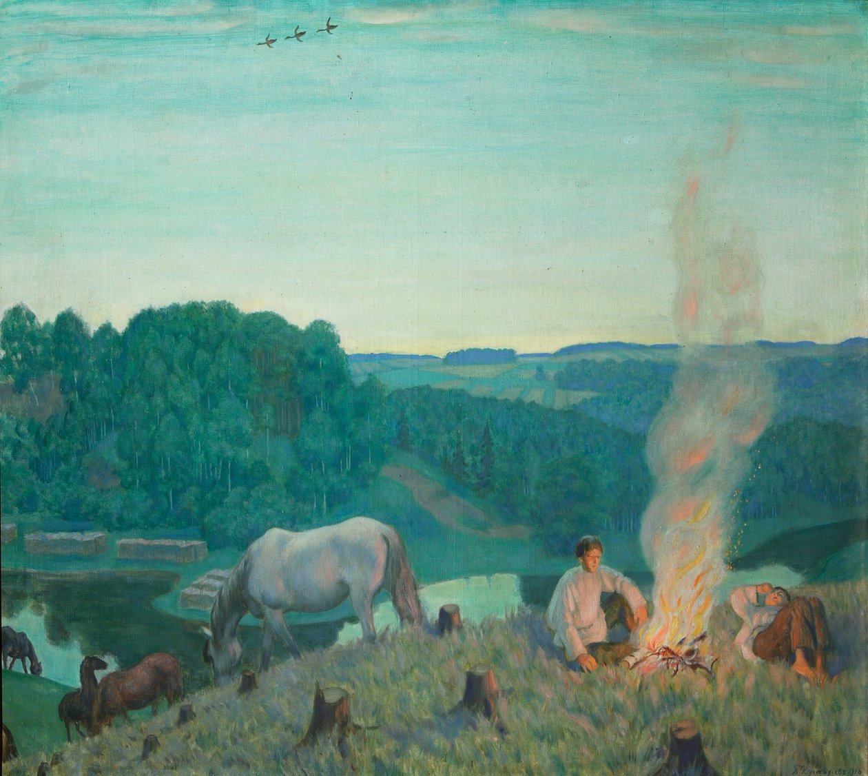 Lagerfeuer, 1916 von Boris Mikhailovich Kustodiev