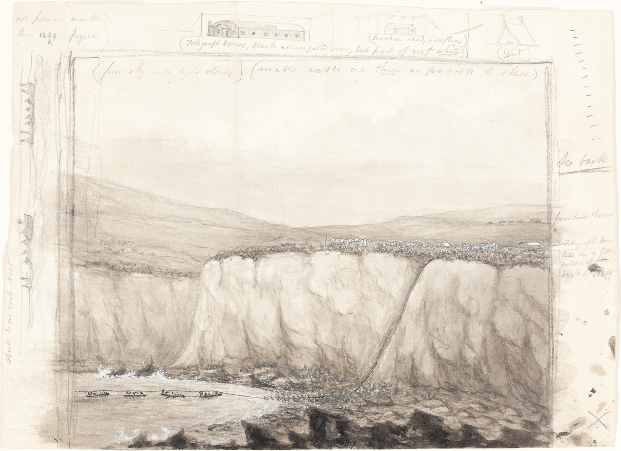 Skizze von Booten in der Nähe einer Klippe von British 19th Century