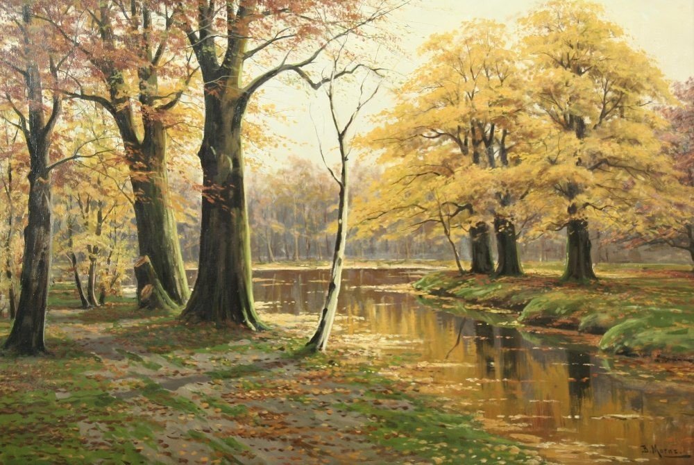 Herbstliche Waldlandschaft mit Gewässer von Bruno Moras