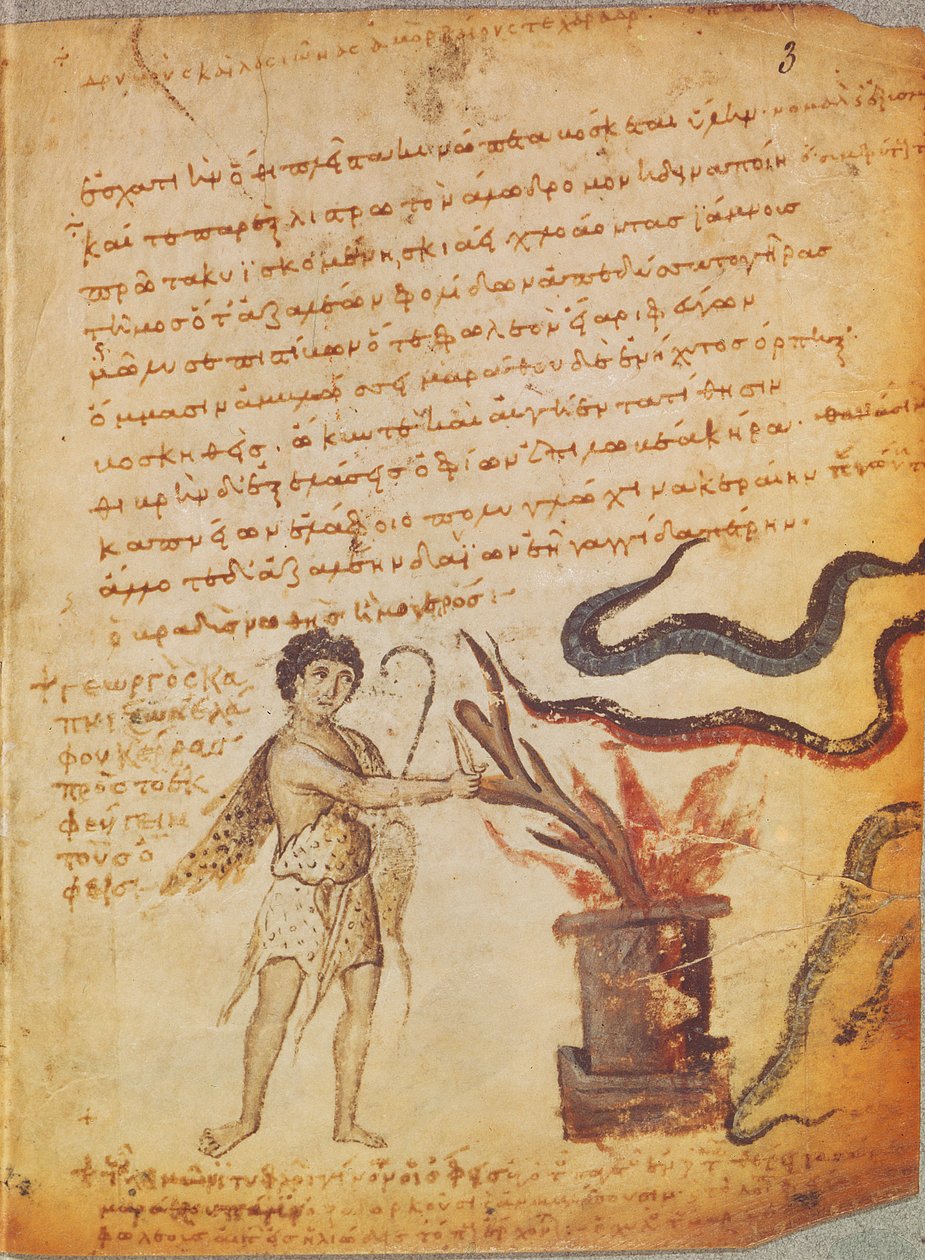 Ein Hirte verbrennt Geweihe, um Schlangen zu vertreiben, aus der Theriaca von Nicander von Kolophon (2. Jahrhundert v. Chr.) von Byzantine
