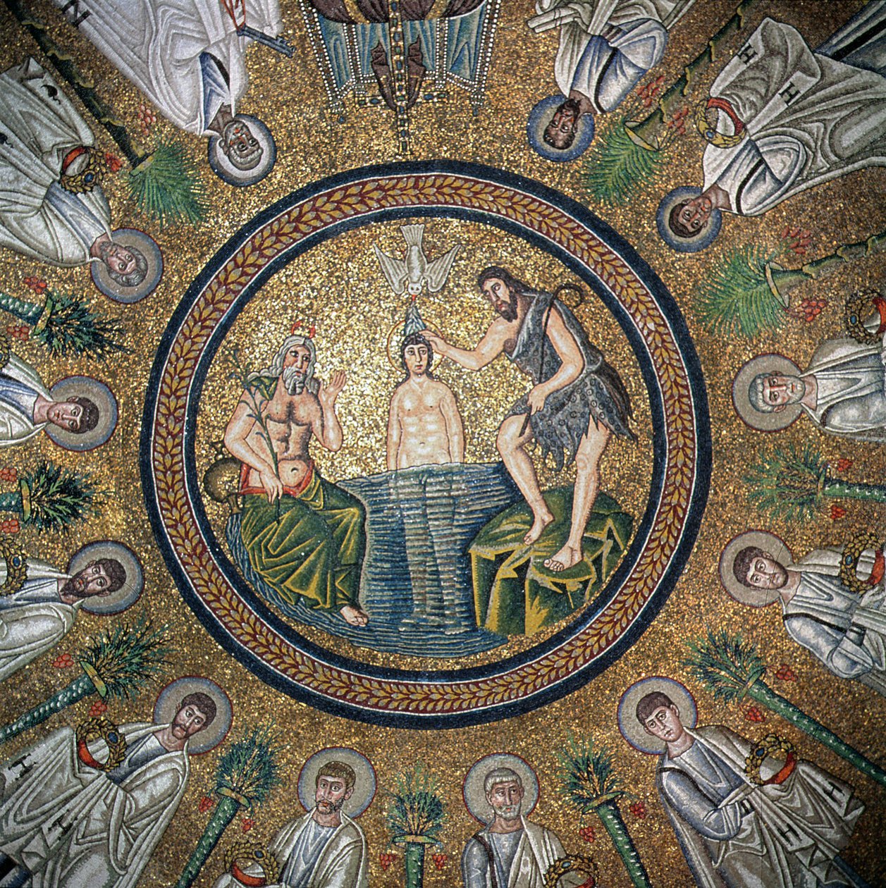 Taufe Christi, umgeben von den zwölf Aposteln von Byzantine School