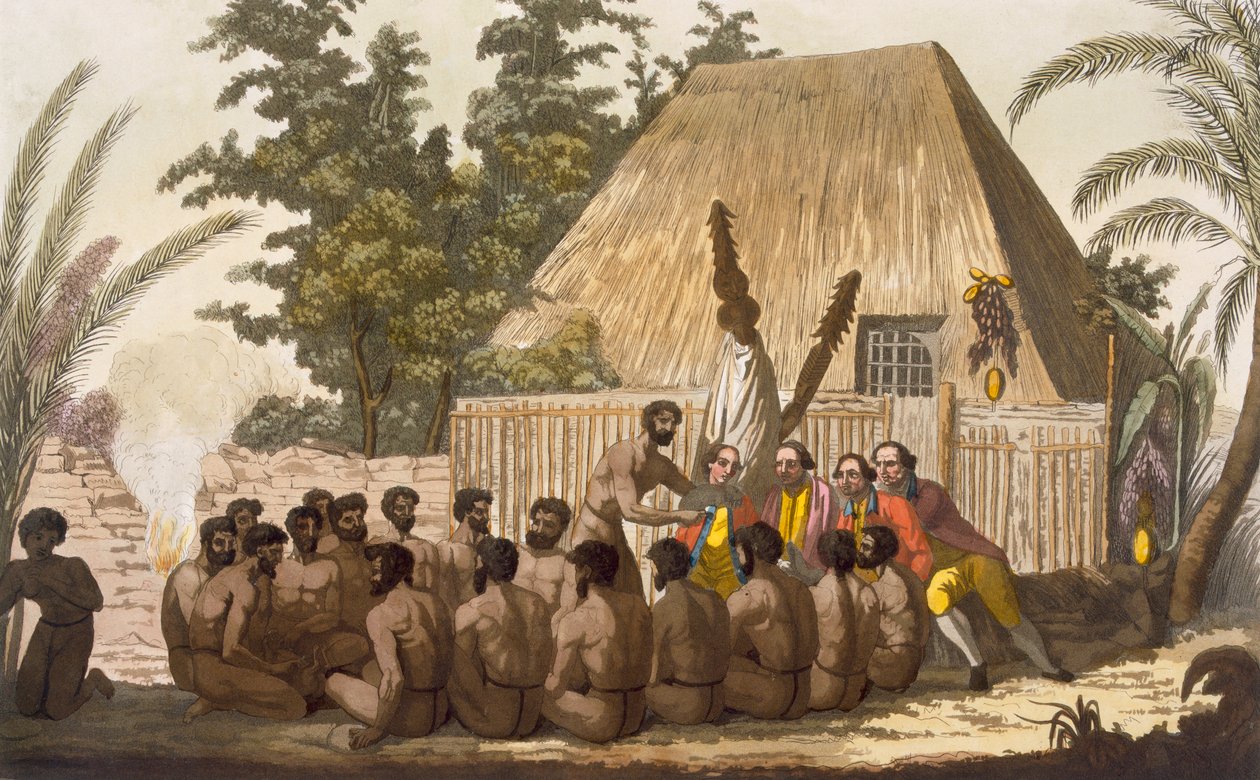 Ein Opfer vor Kapitän Cook, der als Inkarnation des Gottes Lomo anerkannt wird, Januar 1779, graviert von Angelo Biasioli von C. Bottigella