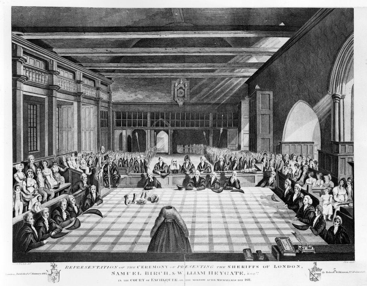 Darstellung der Zeremonie der Vorstellung der Sheriffs von London, Samuel Birch und William Heygate Esqs. im Gerichtshof des Exchequers am Tag nach Michaelis 1811, Druck von James S von C. John Mayle Whichelo