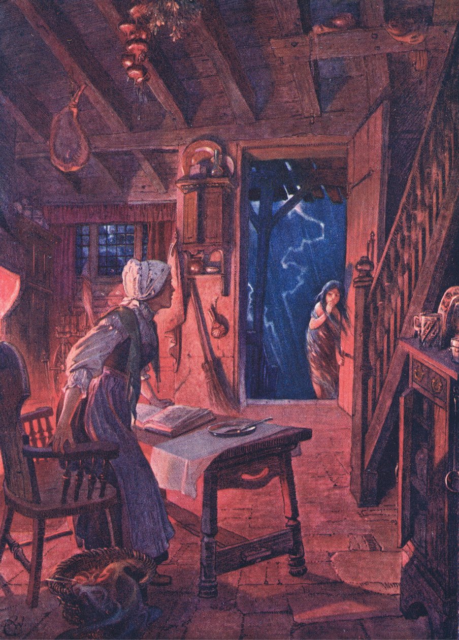 Die Tür flog auf, und auf der Schwelle sah die erschrockene Frau ein junges Mädchen, aus The Child of the Air, veröffentlicht von Duckworth, 1910 von C. Wilhelm