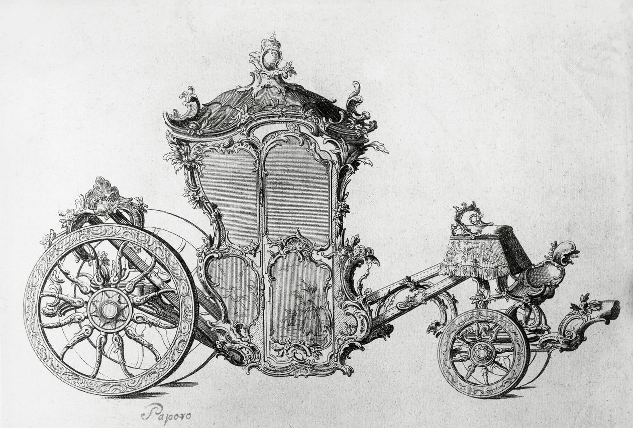 Entwurf für eine Rokoko-Kutsche, Gravur von J.B. and Brown J. Rowbotham