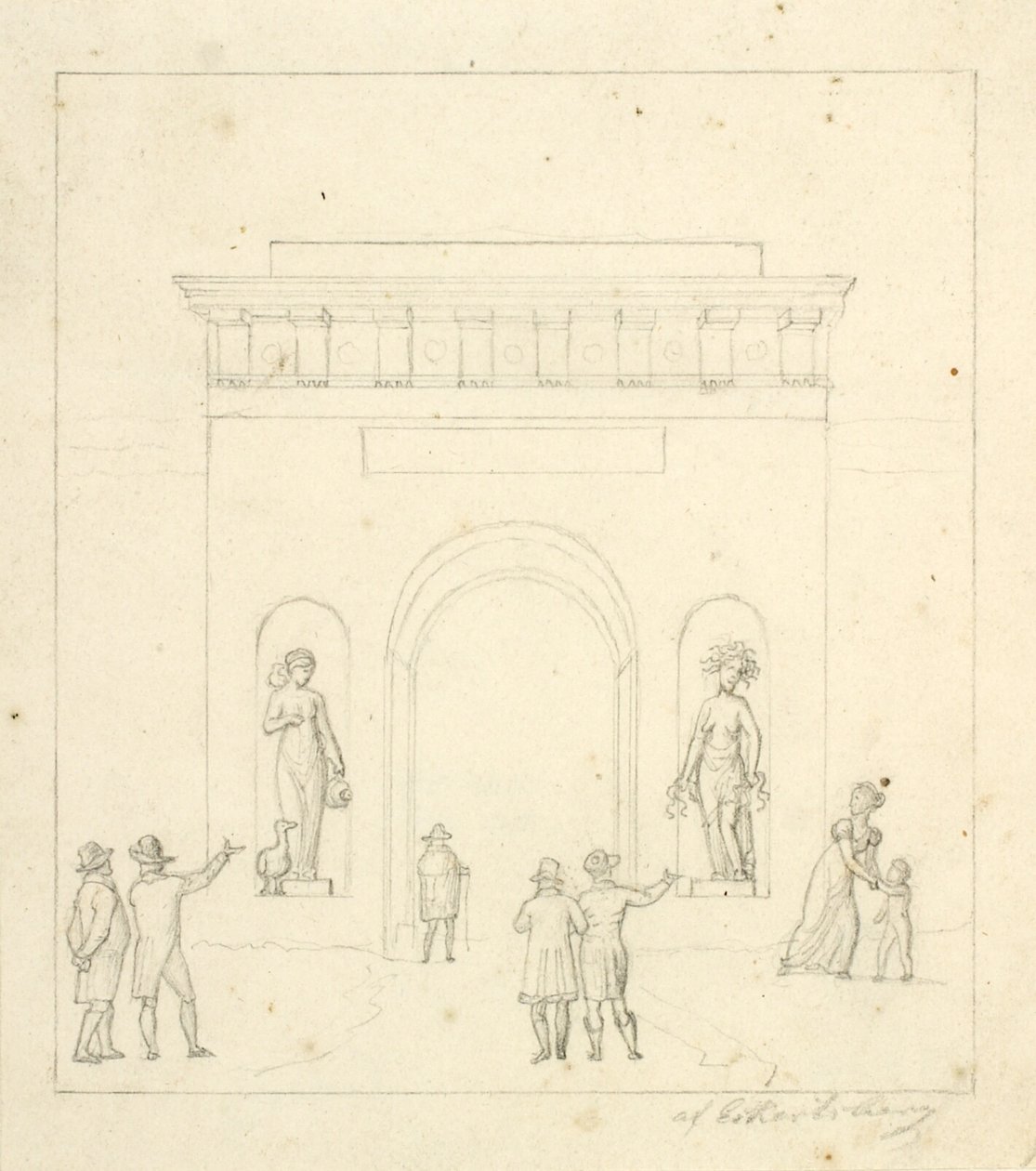 Ein Triumphbogen im Vordergrund mit Staffagefiguren von Christoffer Wilhelm Eckersberg