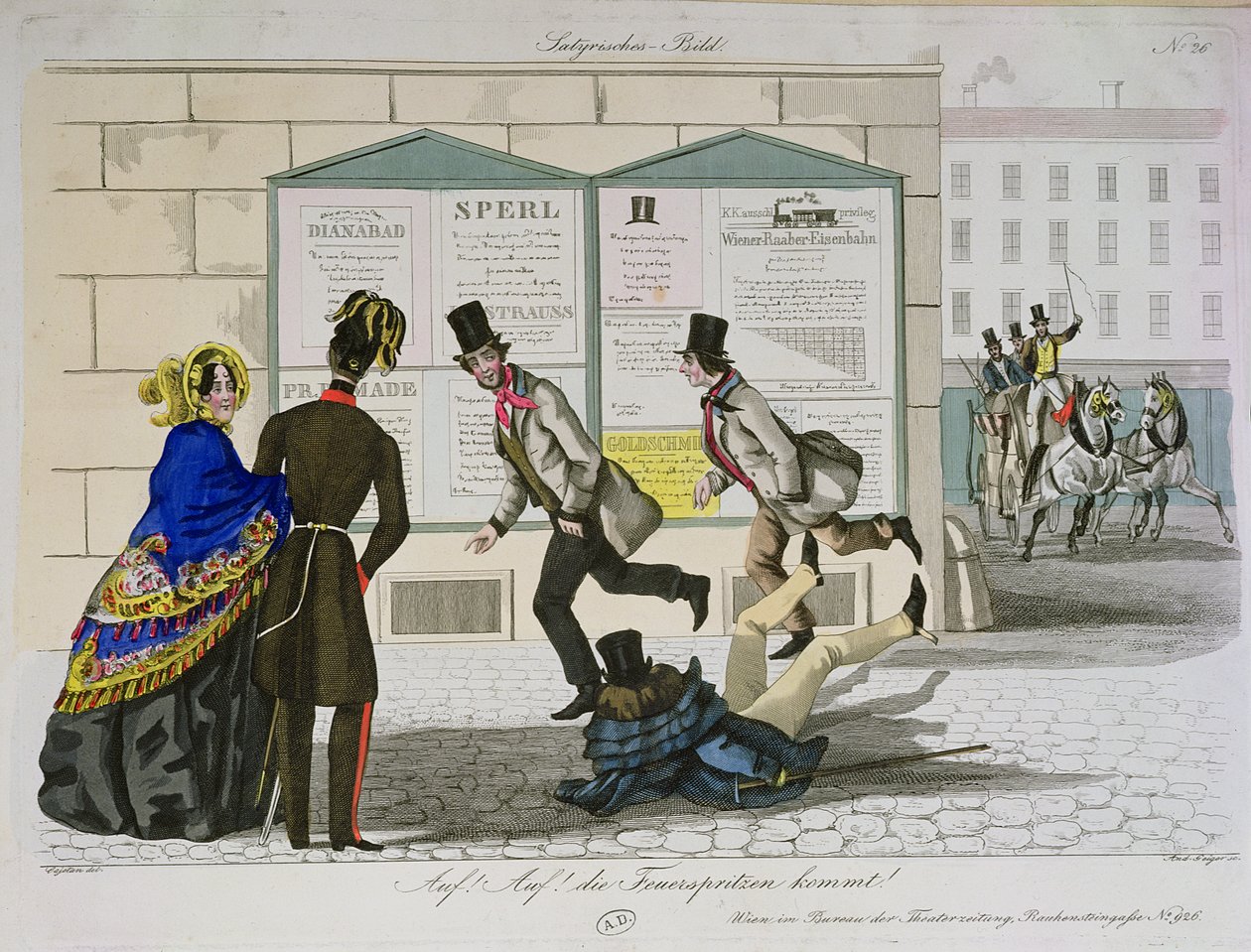 Kommt schon! Die Feuerwehrleute kommen!, graviert von Geiger, veröffentlicht in Wien, ca. 1820 von Cajetan