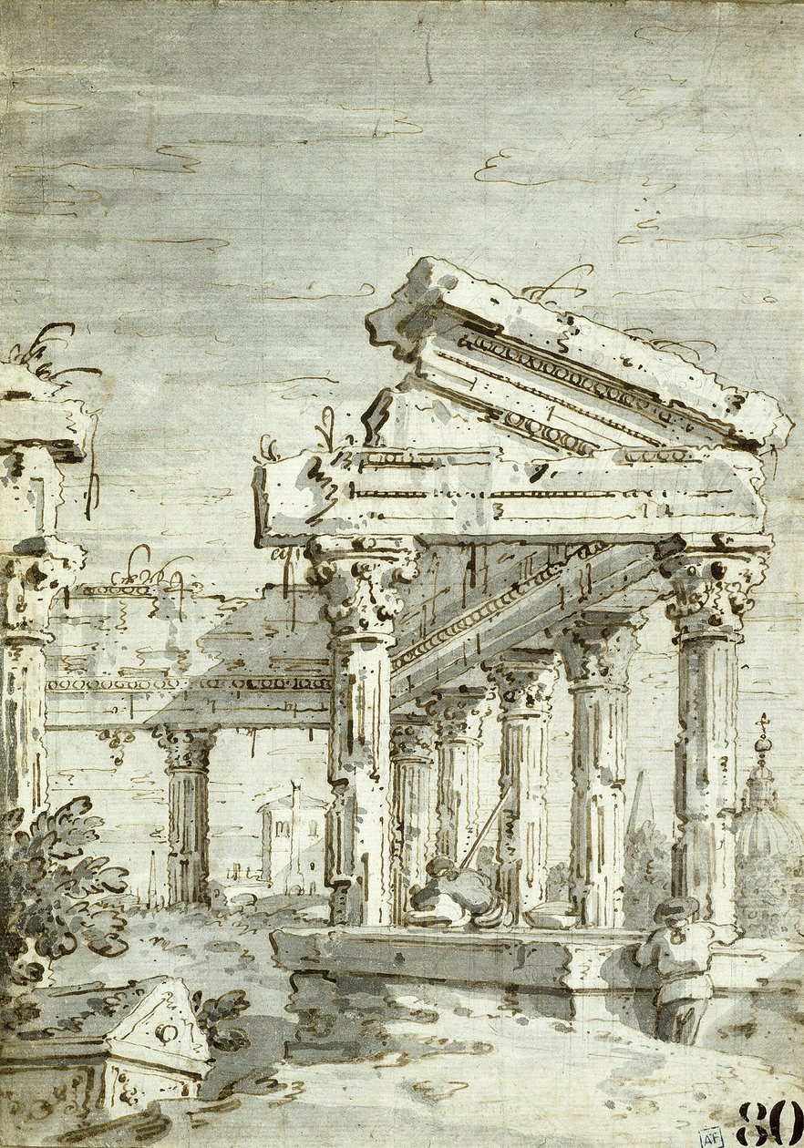 Capriccio: Ein zerstörter klassischer Tempel von Canaletto