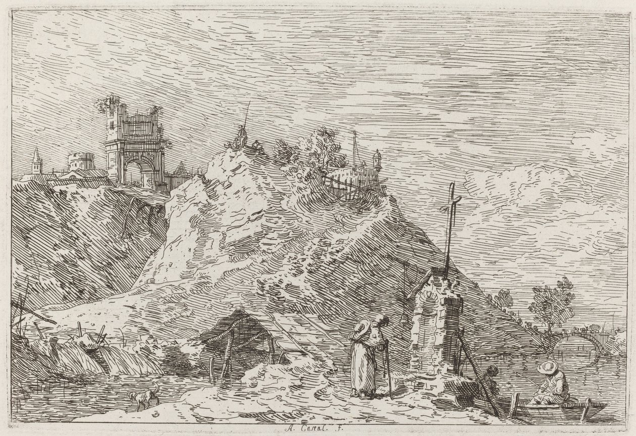 Landschaft mit dem Pilger im Gebet (oben links) von Canaletto