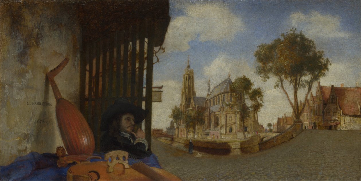 Ansicht von Delft mit einem Musikinstrumentenverkäuferstand von Carel Fabritius