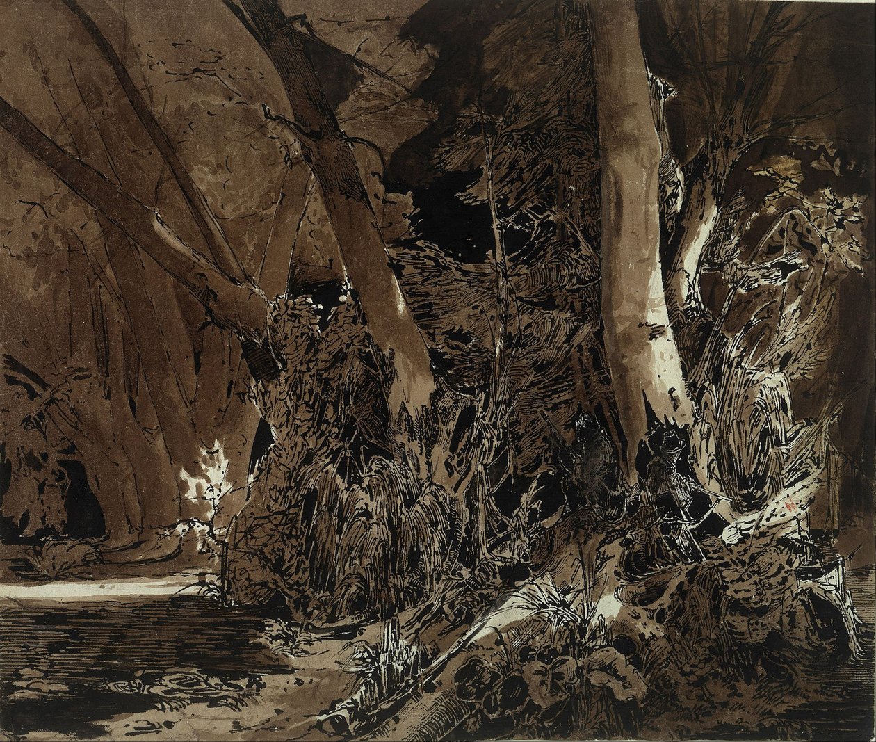 Waldlandschaft mit fließendem Wasser und zwei Jägern von Carl Blechen