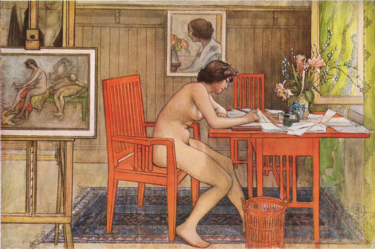 Modell schreibt Postkarten von Carl Larsson