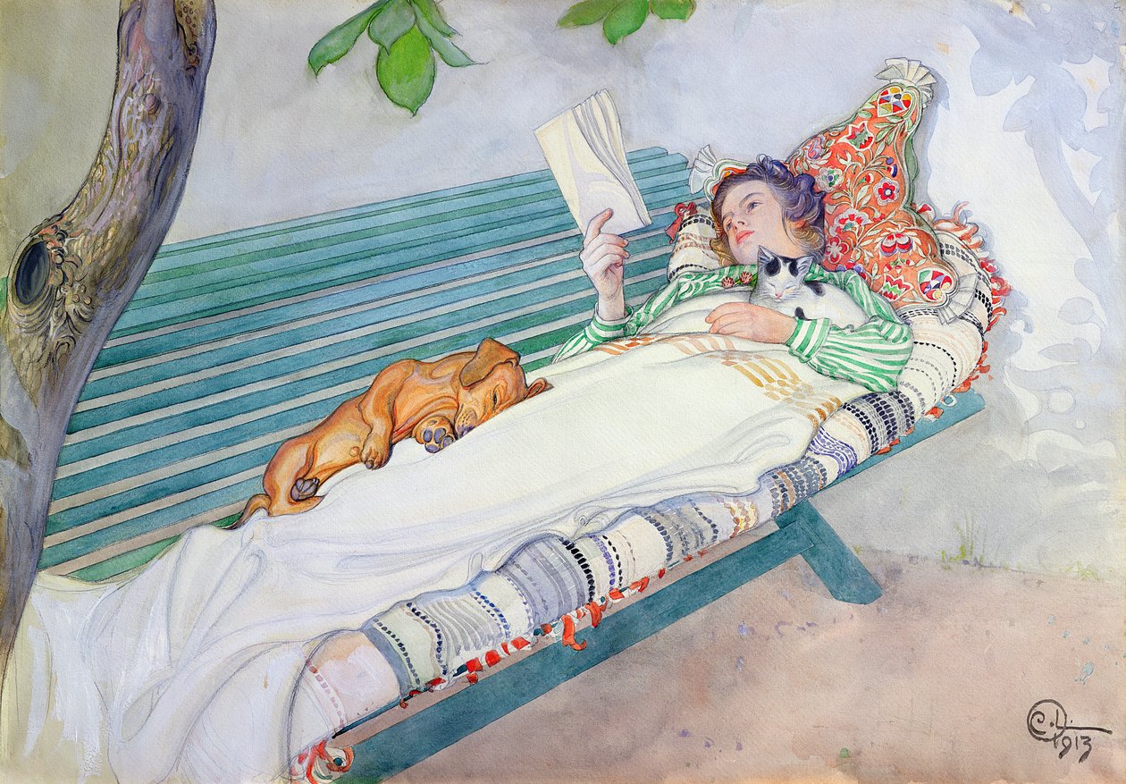 Frau liegend auf einer Bank, 1913 von Carl Larsson